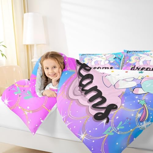 Unicorn Kawaii Bedding King,Cute Rainbow Unicorn Comforter Set,Magical Animals Dreamy Horse Down Comforter,Glitter Mermaid Scale Teal Purple Galaxy Stars Quilt Unicorn Gifts for Girls Child Kids