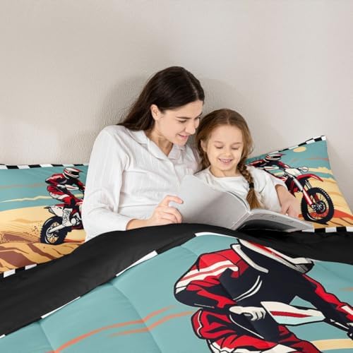 Feelyou Desert Dirt Bike Comforter Set Motocross Rider Bedding Set with 1 Pillow Cases Checkered Flag Twin Off-Road Racing Design Room Decor Outdoor Sports Duvet Quilt Breathable Soft Lightweight