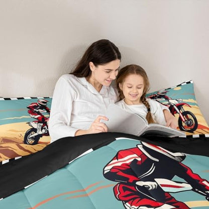 Feelyou Desert Dirt Bike Comforter Set Motocross Rider Bedding Set with 1 Pillow Cases Checkered Flag Twin Off-Road Racing Design Room Decor Outdoor Sports Duvet Quilt Breathable Soft Lightweight