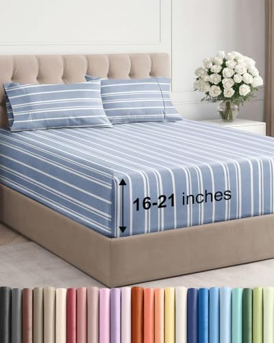 Extra Deep Pocket Full Size Sheet Set - Breathable & Cooling - Blue Stripes