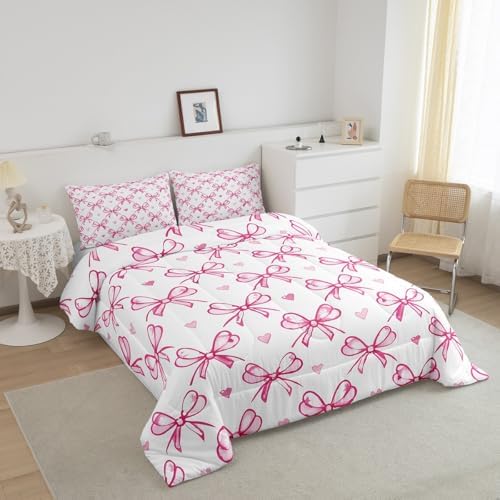 Pink Bow Girlish Kids Comforter Set Queen Size,Bowknot Love Heart Hand Paint Cute Bedding Set,Girls Women Room Decor,Princess Style Bow Tie Down Comforter,Girly Romantic Duvet Insert,2 Pillowcases