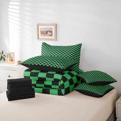 jejeloiu Green Black Plaid Comforter Set with Sheets 7 Piece King Size Checkered Classic Bed in a Bag Kids Boys Girls Grid Geometric Bedding Set Bedroom Decor Breathable Soft Lightweight Microfiber