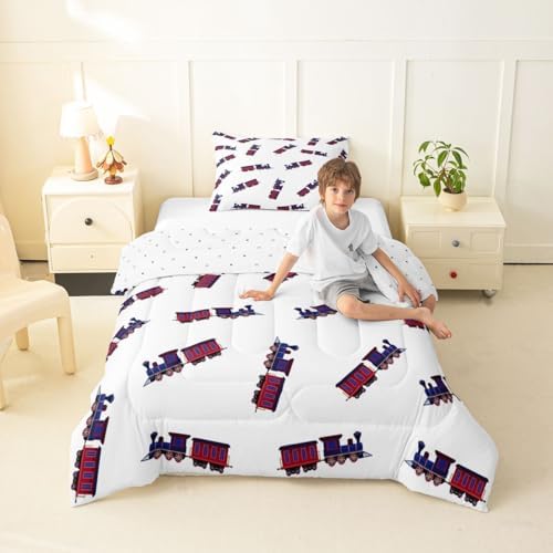 Feelyou Cute Retro Train Comforter Set Twin Size Vintage Steam Locomotive Down Bedding Set for Kids Boys Girls Transportation Vehicles Duvet Quilt Bedroom Decor Microfiber 2 Pcs with 1 Pillow Case