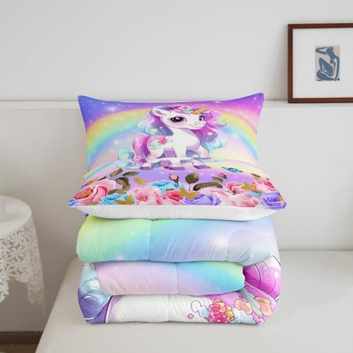 Cute Unicorn Kids Comforter Set King Size,Rainbow Starry Sky Roses Dreamy Bedding Set,Girls Women Room Decor,Cartoon Animals Flowers Down Comforter,Pink Purple Unique Duvet Insert,2 Pillowcases