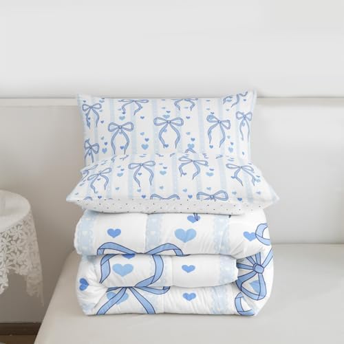 Castle Fairy Blue Bowknot Queen Size Comforter Set,Cute Heart Print Blue Ribbon Duvet Insert for Kids Teens Adults,Dreamy Princess Bowknot Bedding Comforters for Bedroom Decor,3 Pcs