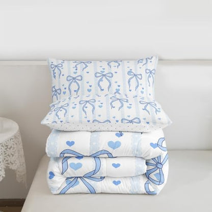 Castle Fairy Blue Bowknot Comforter Set Toddler Size,Cute Heart Print Blue Ribbon Bedding Set,Kids Teens Adult Room Decor,Dreamy Princess Bowknot Down Comforter,2 Pcs 1 Pillowcase