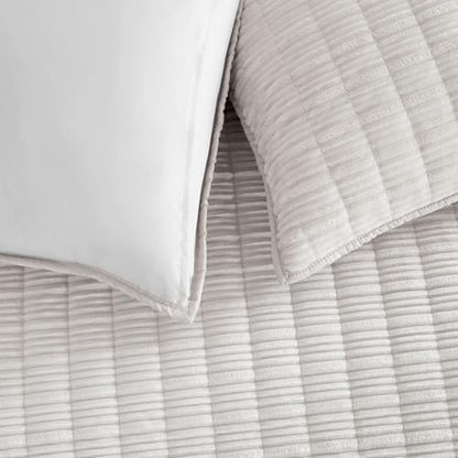 Wonderful Corduroy Texture Ivory Quilt Set Queen - Hypoallergenic Skin-Friendly Soft Plush Velvety Touch Bedspread, Classic Vertical Striped Lightweight Coverlet for All Season, 106"x94"