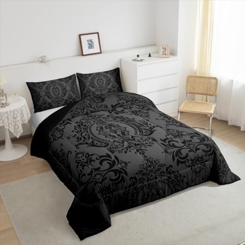 Feelyou Black Gothic Damask Floral Comforter Set Queen Size Bedding Set