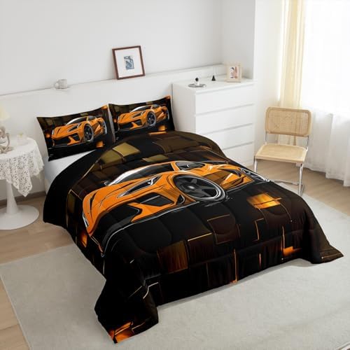 Erosebridal Boys Race Car Bedding Set King Size Orange Racing Car Comforter Set 3 Pieces Modern Geometric Grid Bedding Comforter Sets Cool Speed Car Down Comforter for Kids Teens