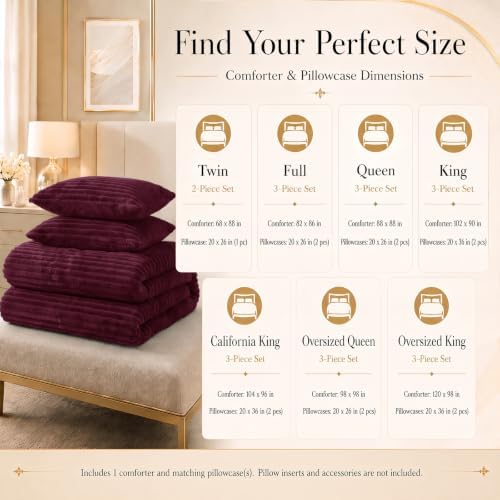 CozyLux Fleece Full Size Comforter Sets, 3 Piece Warm Burgundy Bedding
