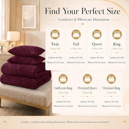 CozyLux Fleece Full Size Comforter Sets, 3 Piece Warm Burgundy Bedding