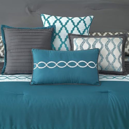 LANCO MODERN LIFESTYLE King Size Comforter Set, Blue, 12 Piece Room in a Bag for All Seasons, Luxury Extreme Comfort Bedding Sets with Curtains, Bedskirt, Pillow Shams, Euro Shams and Decor Pillows