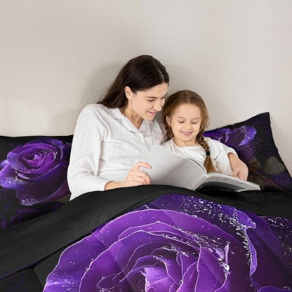 Purple Rose Lightweight Microfiber 3 Pieces Comforter Set for Lover,Couple Romantic Floral Bedding Set,Full Size Luxury Modern 3D Rose All Season Teens Bedroom Down Duvet,1 Comforter with 2 Pillowcase