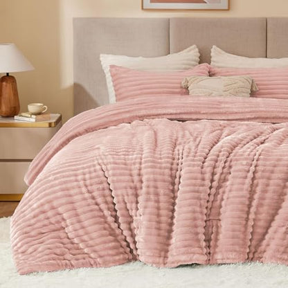 BEDELITE Fleece Full Comforter Set, Fluffy Bed Set, Dusty Pink