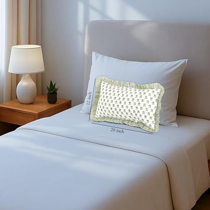 CPC Block Print Lotus Meadow Ruffle Cotton Lumbar Pillow Cover 12x20 inch