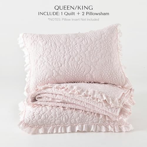 HORIMOTE HOME Pink Ruffled Quilt King Size, Stone-Washed Microfiber Lightweight Crinkled Farmhouse Rustic Shabby Chic Bedding Set, 3 Pieces Reversible Bedspread with Pillow Shams for All Season