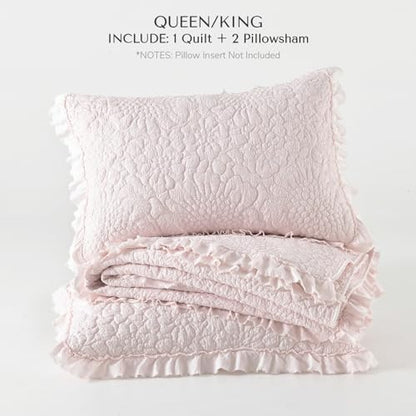 HORIMOTE HOME Pink Ruffled Quilt King Size, Stone-Washed Microfiber Lightweight Crinkled Farmhouse Rustic Shabby Chic Bedding Set, 3 Pieces Reversible Bedspread with Pillow Shams for All Season