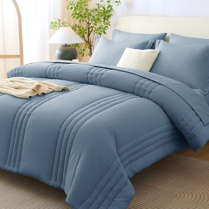 CozyLux Oversized Queen Comforter Set Grayish Blue- 7 Pieces Bed in a Bag