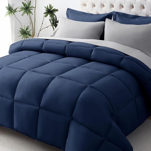 JOLLYVOGUE Full Comforter Set, Ultra-Soft Bed in a Bag Full Size 7 Pieces, Oeko-TEX Certified Bedding Set with Down Alternative Comforter, Sheets, Pillowcases & Shams, Navy Blue & Light Grey
