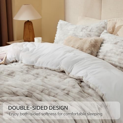BEDELITE Fleece Queen Comforter Set, Fluffy Bed Set, Grey&White