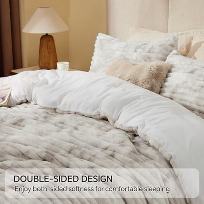 BEDELITE Fleece Queen Comforter Set, Fluffy Bed Set, Grey&White