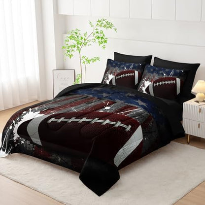 7Pcs Comforter Set American Football Printed Bedding Set with 1 Comforter, 1 Flat Sheet, 1 Fitted Sheet and 4 Pillowcases for Boys and Girls Bedroom All Season(Football Queen
