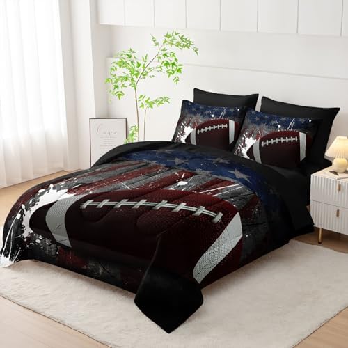 7Pcs Comforter Set American Football Printed Bedding Set with 1 Comforter, 1 Flat Sheet, 1 Fitted Sheet and 4 Pillowcases for Boys and Girls Bedroom All Season(Football Full