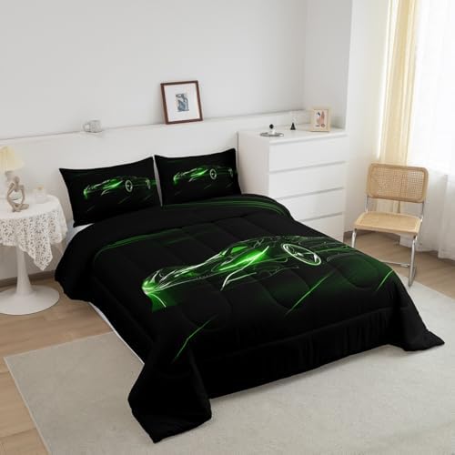 Feelyou Green Race Car Bedding Set Queen Size for Kids Teens