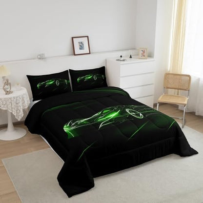 Feelyou Green Race Car Bedding Set Queen Size for Kids Teens
