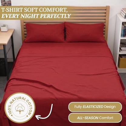 Full XL 100% Cotton Jersey Knit Sheet Set, 4PC, 15" Deep Pocket, Red