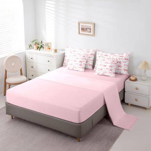 Erosebridal Princess Bow Bed in a Bag King Size Comforter Set 7 Pieces | Pink Bow Tie Bedding Sets Cute Ribbon Bowknot Comforter and Sheet Set, Girly Kawaii Love Hearts Bed Sets