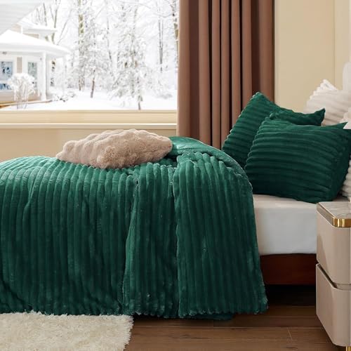 BEDELITE Fleece Full Comforter Set, Fluffy Bed Set, Dark Green