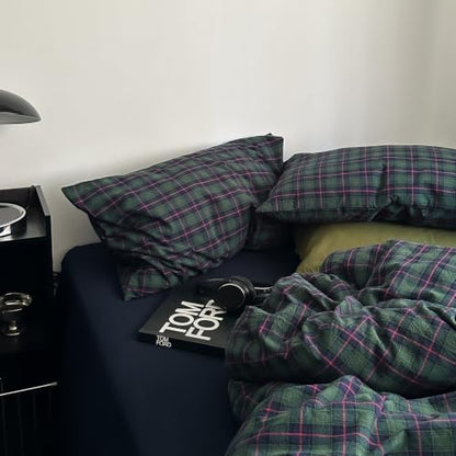 mixinni Vintage Forest Green Buffalo Plaid Duvet Cover Set Twin Size - 3 Piece Mid-Century Washed Cotton Grid Bedding, Retro Breathable Comforter Cover with 2 Matching Pillowcases for All Season