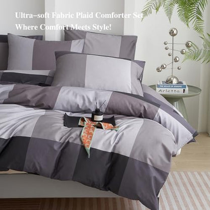 mixinni King Comforter Set Men Boys Geometric Checkered Plaid Printed Bedding Comforter for All Season Soft Lightweight Bedding Set-(King Size, Grey,Black)
