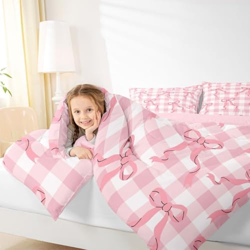 jejeloiu Girls Pink Bow Kids Comforter Set Twin Size Bow Bedding Set Cute Bowknot Duvet Quilt for Kids Boys Girls Bedroom Decor Microfiber Ultra Soft Breathable