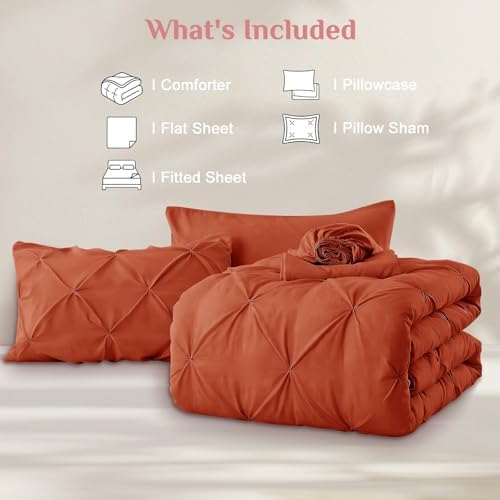 JOLLYVOGUE Twin XL Comforter Set 5 Pieces - Bed in a Bag Twin XL for All Season, Pintuck Bedding Comforter Sets with Comforter, Flat Sheet, Fitted Sheet and Pillowcases & Shams, Burnt Orange