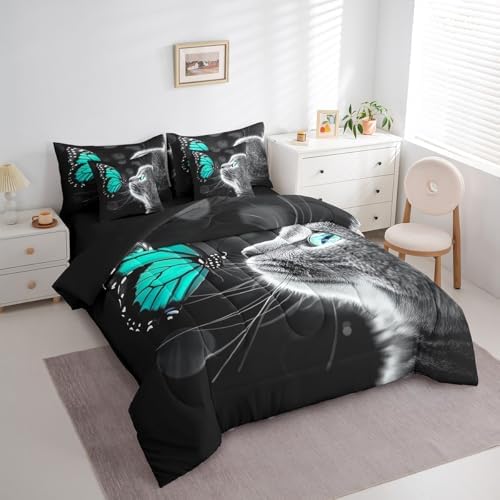 Feelyou Cute Cat Comforter Set 7 Pieces Twin Size Butterfly Bedding Set for Boys Girls Kawaii Pet Kitten Bed in a Bag with Comforter, Sheets, Pillowcases & Cushion Covers