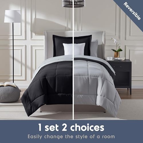 Nestl 7 Piece Twin XL Comforter Set – Black Reversible Bed in a Bag – Complete Twin XL Size Bedding Set with Sheets, Set of 2 Cooling Pillows, Pillowcase and Sham