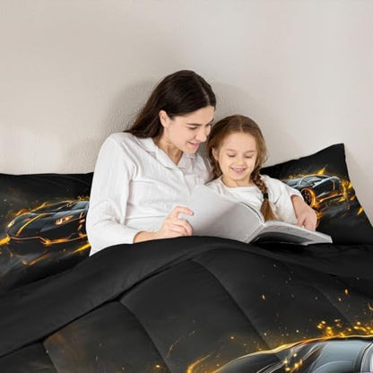 Toddler Race Car Bed for Boys Queen Size,Racing Sport Kids Comforter Bedding Set for Boys Girl,Cool Yellow Black Speed Racing Sports Car Comforter Set,Futuristic Racetrack Extreme Sports Bedding Sets