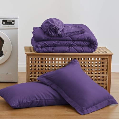 Love's cabin Twin Comforter Set Purple, 5 Pieces Twin Bed in a Bag, All Season Bedding Sets with 1 Comforter, 1 Flat Sheet, 1 Fitted Sheet, 1 Pillowcase and 1 Pillow Sham
