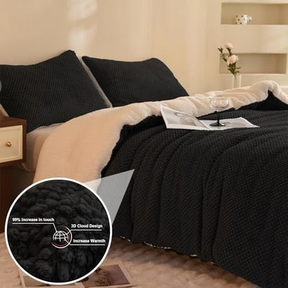 LLanCL 3D Jacquard Design Comforter Set, Ultra-Soft Warm Twin Size Sherpa Fur Plush 2-Pieces Sets Luxury Cozy Bedding with 1 Pillowcase (68"x90", Black)