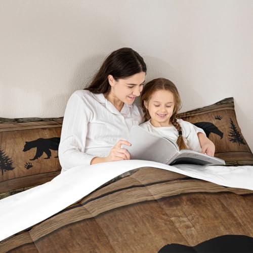 Rustic Bear Comforter Set Twin Size,Wild Animal Hunting Bedding Set 2pcs,Farmhouse Cabin Vintage Woodland Wildlife Down Comforter for All Season,Kids Boys Teens Room Decor,1 Pillowcase,No Sheets