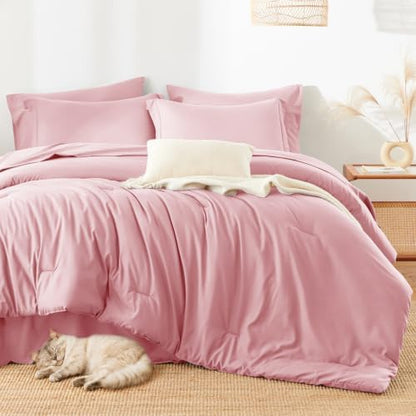 HIMEET King Comforter Set, 7-Piece Point-Quilted Bed in a Bag, Pink
