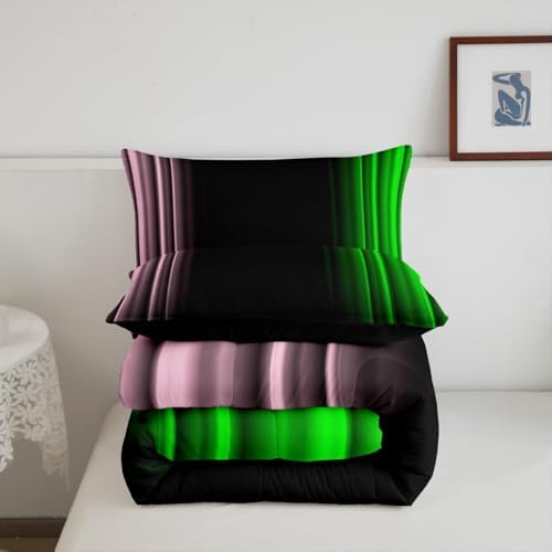 Feelyou Teens Abstract Ombre Decorations Bedding Set for Kids Women Pink Green and Black Comforter Set Geometric Modern Quilt Set Room 3Pcs Queen Size