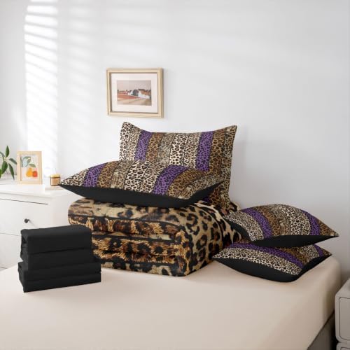 Erosebridal Purple and Brown Leopard Print King 7-Piece Comforter Set for Men Women Adults - Cheetah Printed Bedding Set with Sheets Wild Safari Animal Bed in a Bag Modern Leopard Print Bed Sets