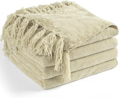 Chenille Throw Blanket for Couch 50" x 60", Light Beige