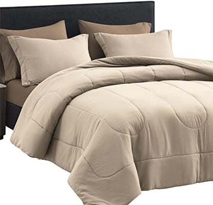 Maple&Stone Full Comforter Set 7 Pieces Bed in a Bag Beige Bedding Set