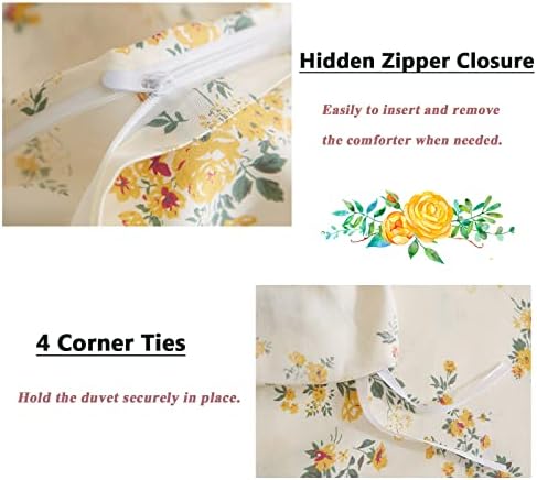 VM VOUGEMARKET Yellow Floral Duvet Cover Queen 3 Pieces Cotton Girls Cottagecore Bedding Set,Rose Flower Comforter Cover with Zipper Closure,Vintage Country Bedding 90x90
