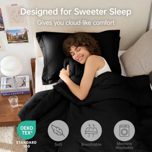 MUXHOMO Black Twin/Twin XL Comforter Set, All Season Ultra Soft Down Alternative Bedding - 3 Piece Lightweight Bed Set Includes 1 Comforter (68"x88") and 1 Pillow Shams (20"x26")