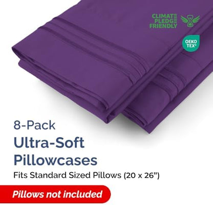 Standard Pillow Cases Set of 8 - Ultra Soft Pillowcase Covers - Purple